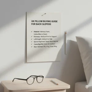 An infographic checklist for choosing a back sleeper pillow, including UK firmness ratings and material types.