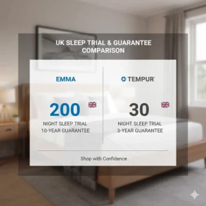 A comparison chart detailing the Emma 200-night sleep trial versus the Tempur 30-night trial and their respective UK manufacturer guarantees.