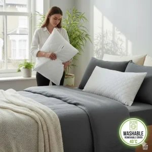A person removing the soft bamboo pillow cover for machine washing at 40 degrees.
