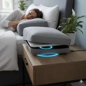 A sleep tracking pillow on a modern wooden bedside table showing the discreet wireless charging and power integration.