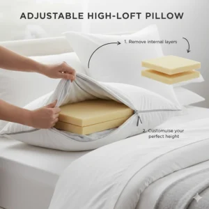 Diagram showing how to remove internal layers from an adjustable high loft pillow for a bespoke height and personalised fit.
