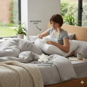 An illustration showing a person removing shredded filling from a pillow to achieve the perfect low loft for stomach sleeping.