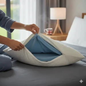 Close-up of a person removing internal foam inserts from an adjustable height pillow to achieve the perfect neck alignment.