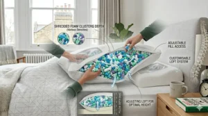 A person adjusting the shredded foam filling of a pillow to achieve the optimal loft and height for side sleeping neck support.