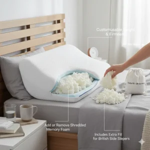 Illustration of adjustable shredded foam filling being removed to customise the pillow height for individual side sleeper comfort.