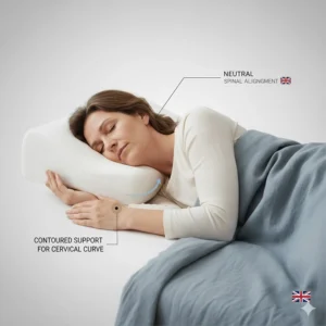 Demonstration of correct back-sleeping posture using a contoured pillow to support the natural cervical spine curve.