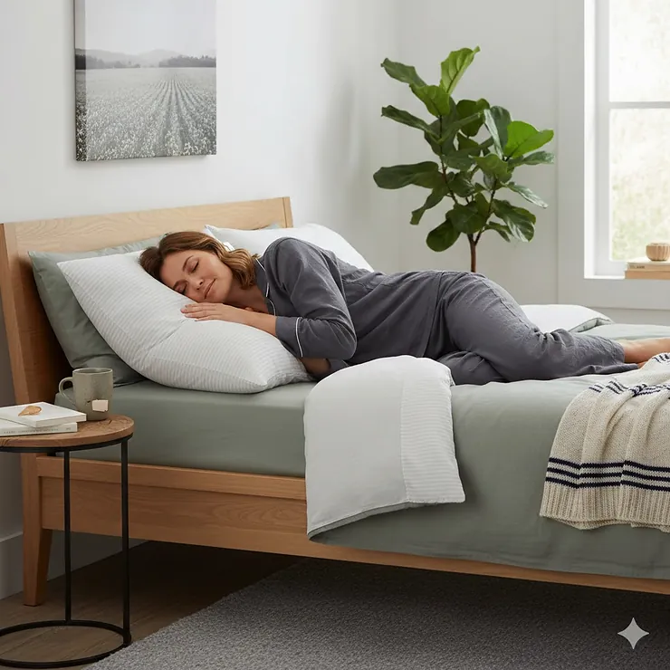 A person sleeping comfortably on their side using a firm pillow that aligns the neck and spine on a UK double bed. firm pillow for side sleepers