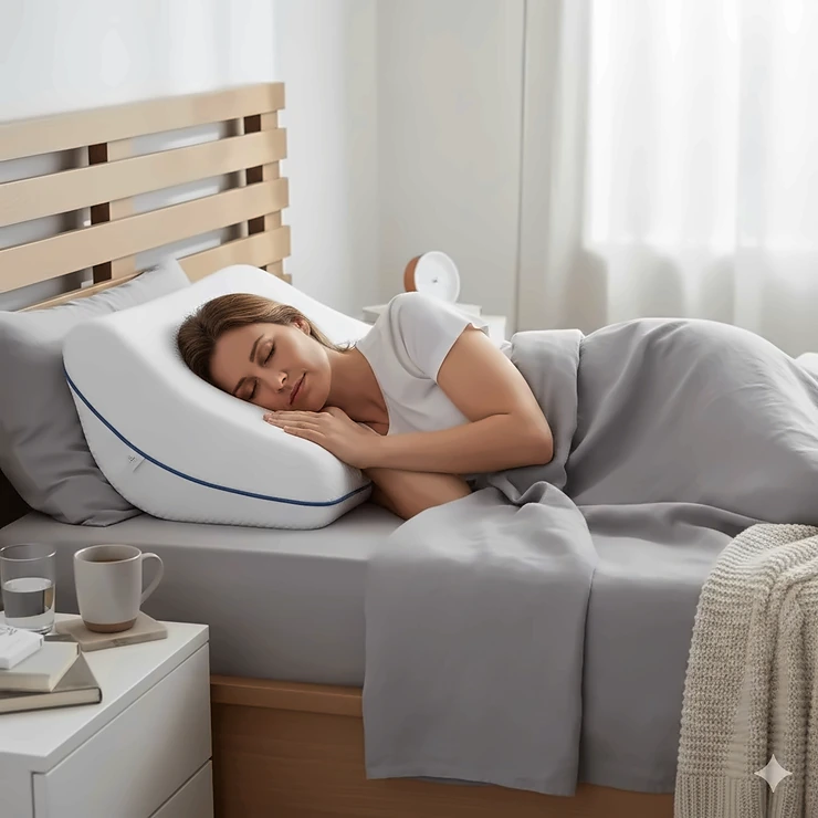 A person sleeping comfortably on their side using a contoured orthopaedic pillow to relieve shoulder pain in a modern British bedroom. pillow for shoulder pain side sleeper