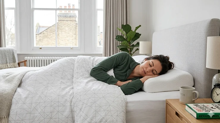 A woman sleeping comfortably on her side in a modern British bedroom using a contoured orthopaedic pillow for neck pain relief. pillows for side sleepers with neck pain