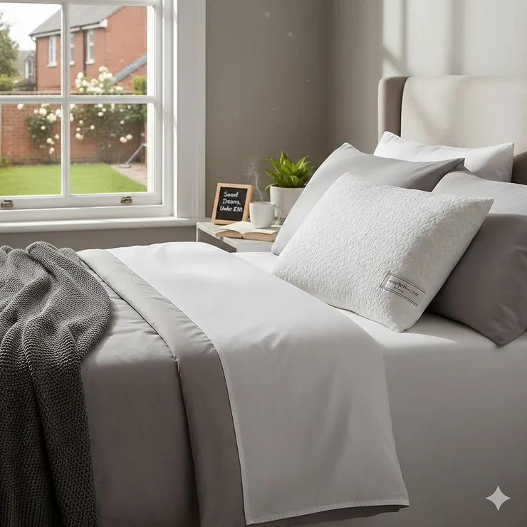 A premium yet affordable memory foam pillow on a made bed, highlighting the best value memory foam pillow under £30 for UK sleepers. value memory foam pillow under £30