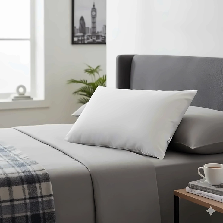 A premium white washable memory foam pillow resting on a modern British bed with grey linen and a cup of tea. washable memory foam pillow