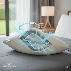 Technical graphic demonstrating the cool airflow through the breathable mesh and foam layers of a customisable pillow.