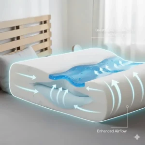Infographic of a cooling gel-infused pillow with arrows indicating enhanced airflow and temperature regulation for UK side sleepers.