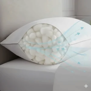 An illustration showing airflow through a 300-thread count cotton percale cover for a breathable night's sleep.