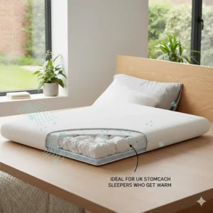 A cross-section of a breathable cotton-covered pillow, ideal for UK stomach sleepers who tend to get warm at night.