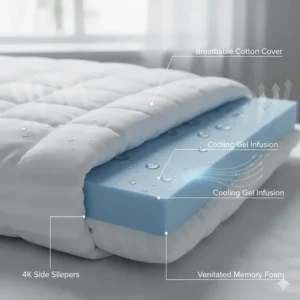 Graphic highlighting a breathable cotton cover and cooling gel infusion suitable for UK summer nights.