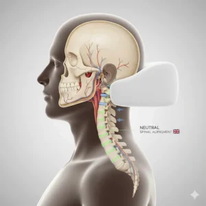 Anatomical diagram showing how a pillow for cervical spondylosis maintains neutral spinal alignment and supports the neck.