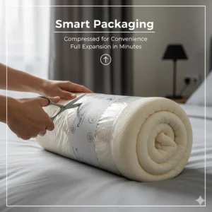 Illustration of a memory foam pillow arriving compressed in eco-friendly packaging, showing value and convenience.