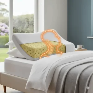 An illustration of a contoured memory foam high loft pillow designed for maximum head support and pressure relief.
