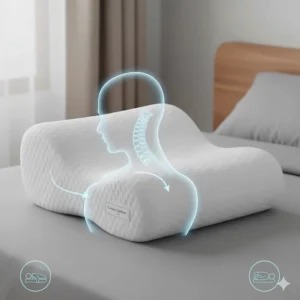 Illustration of a contoured memory foam pillow providing ergonomic neck support for side and back sleepers.