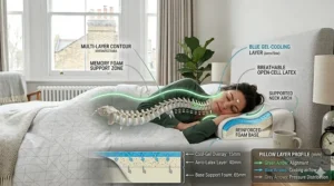 Technical breakdown of a multi-layer contour pillow featuring a blue gel-cooling layer and breathable open-cell latex for neck support.