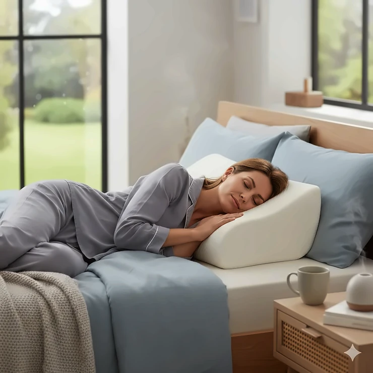 A person resting on a contoured memory foam pillow designed for neck pain relief while sleeping on their side. contoured pillow for neck pain side sleeper