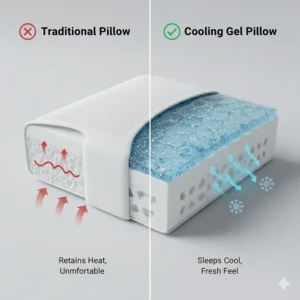 A cross-section of a cooling gel pillow showing how it regulates temperature for a fresh feel compared to heat-retaining traditional pillows.