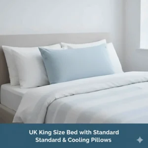 A standard UK-sized cooling pillow styled with cotton bed linens on a king-size bed.