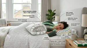 Illustration of a duck feather and down pillow with a firm feather core and soft outer layer providing comfort for side sleepers.