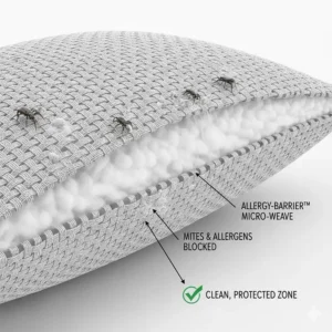 Illustration showing how a hypoallergenic pillow creates a physical barrier against microscopic dust mites.