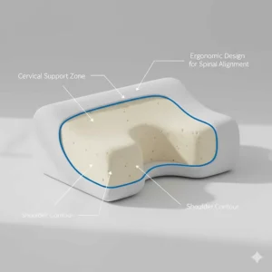 Illustration showing the ergonomic cervical curve of a contoured pillow to support the neck and spine.