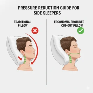 An illustration of an ergonomic shoulder cut-out pillow compared to a traditional shape for reduced pressure while side sleeping.