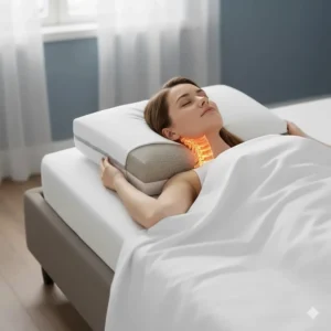 A cross-section of a firm high loft pillow supporting the neck and shoulders to help reduce morning stiffness and provide pain relief.