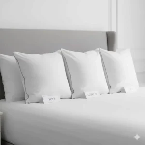A comparison of soft, medium, and firm hotel quality pillows showing different levels of loft and support.