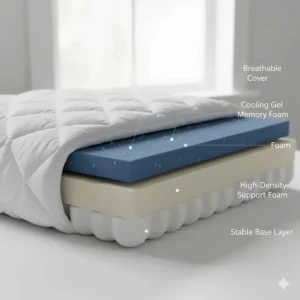 A cross-section diagram of a firm pillow for side sleepers showing high-density memory foam layers.