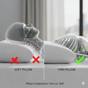 Comparison showing a soft pillow collapsing versus a firm pillow supporting a side sleeper’s head.