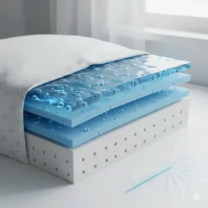 Close-up illustration of gel-infused layers in a cooling pillow designed to regulate body temperature.