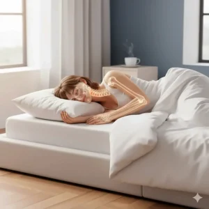 Illustration showing how a high loft pillow provides correct spinal alignment for a side sleeper to ensure a comfortable night's sleep.