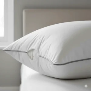 Close-up of a gusseted edge on a luxury pillow for home, showing the extra depth for neck support.