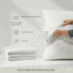 Simple illustrations showing a removable machine-washable cover with British laundry care symbols.