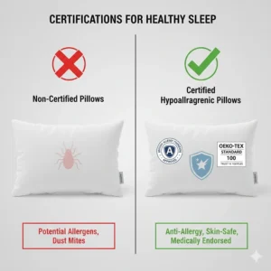 A comparison between non-certified and hypoallergenic pillows featuring British Allergy Foundation and Oeko-Tex symbols.
