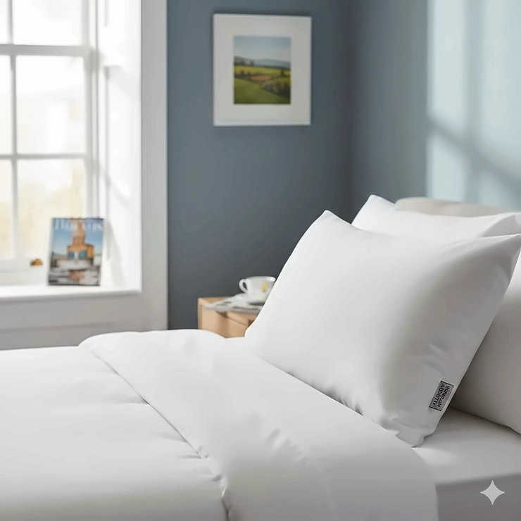 A plush hypoallergenic pillow for dust mite allergy sufferers, styled on a modern British bed with crisp white linens. hypoallergenic pillow for dust mite allergy