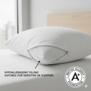 An illustration of a hypoallergenic pillow featuring a British Allergy Foundation style icon, suitable for sensitive UK front sleepers.