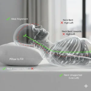 Diagram explaining the correct pillow height or loft required to fill the gap between the shoulder and ear.