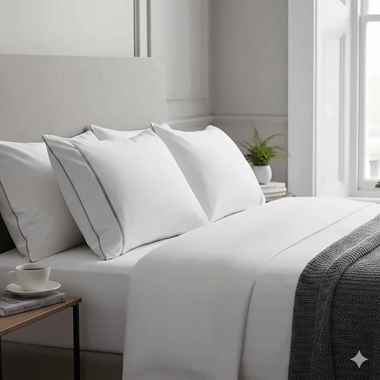 A plush, hotel quality pillow for home on a king-size bed with crisp white cotton linens and a grey knitted throw. hotel quality pillow for home