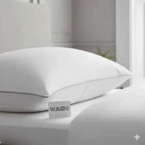 Clear British laundry symbols on a pillow tag indicating it is machine washable at 40 degrees Celsius.