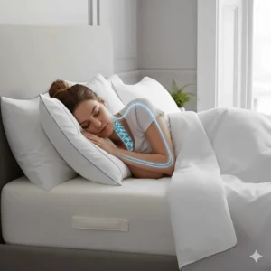 A diagram showing a medium-firm pillow supporting the natural curve of the neck for a back sleeper.