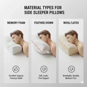 A visual breakdown of pillow materials including memory foam, feather, and wool, showing their impact on side sleeper support.