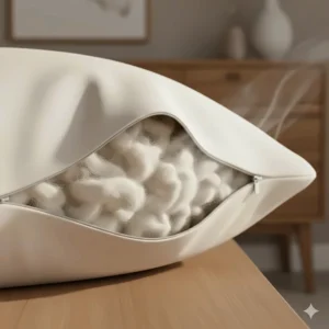 Close-up illustration of natural British wool fibres inside a breathable high loft pillow, highlighting the sustainable material.