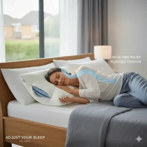 Anatomical overlay showing how an adjustable height pillow provides neck pain relief and reduced tension for a better night's sleep.